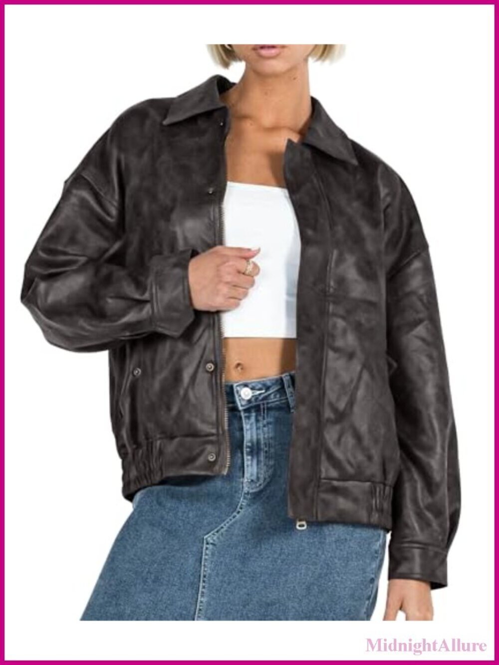 Faux Leather Motorcycle Jacket Oversized Zip Up Winter Coat Outerwear
